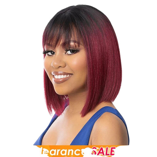 RitzWigs short straight bob wig with bangs in ombre 99J burgundy human hair worn by a smiling model
