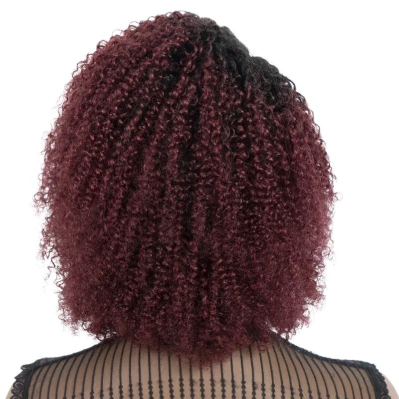 RitzWigs short kinky curly human hair bob wig in ombre burgundy and black, featuring a voluminous 4C texture.