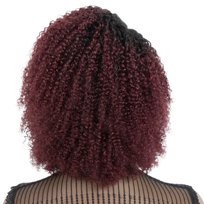 RitzWigs short kinky curly human hair bob wig in ombre burgundy and black, featuring a voluminous 4C texture.