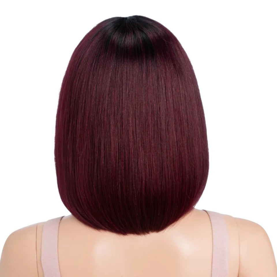 RitzWigs ombre 99J burgundy straight bob human hair wig with dark roots on a mannequin