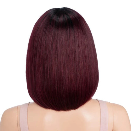 RitzWigs ombre 99J burgundy straight bob human hair wig with dark roots on a mannequin