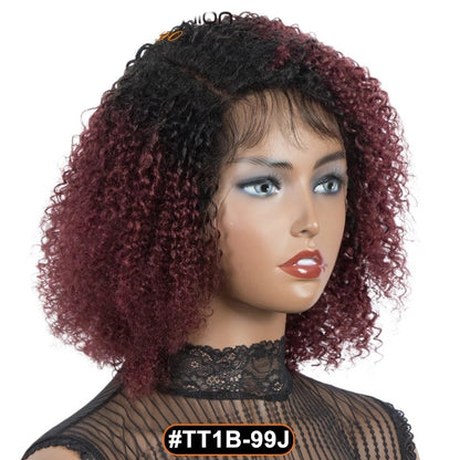 RitzWigs ombre black and burgundy kinky curly human hair lace front bob wig on a mannequin with a natural hairline.