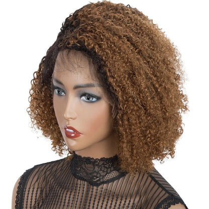 RitzWigs ombre brown and black kinky curly human hair lace front bob wig on a mannequin head.