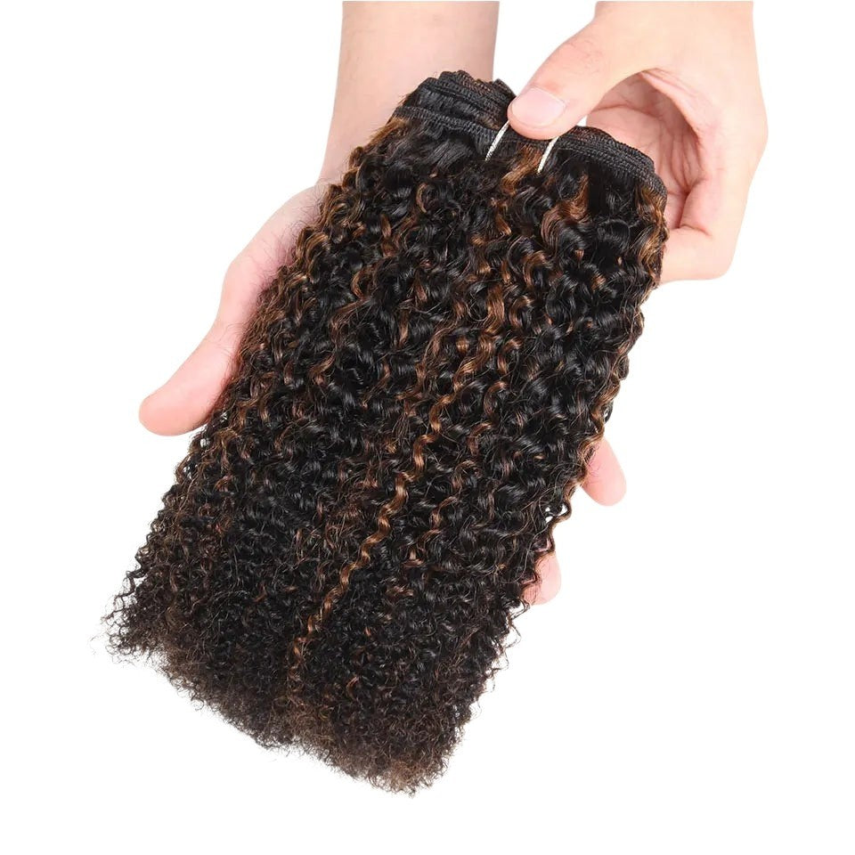 RitzWigs ombre afro kinky wave curly Brazilian human hair weave bundle in P1B-30 colour held in hands