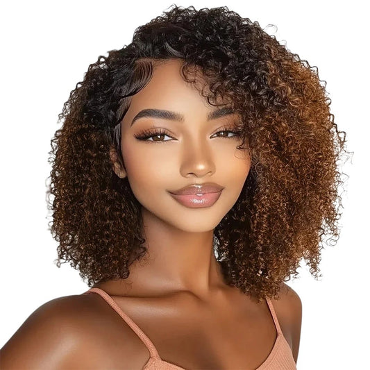 RitzWigs short ombre T1B/30 Brazilian jerry curly human hair wig worn by a model