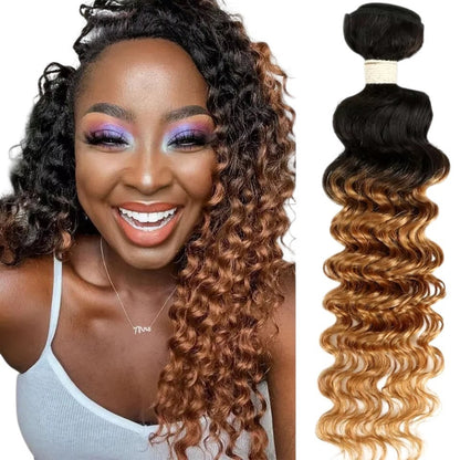 RitzWigs Rebecca ombre Brazilian deep wave human hair bundle with dark roots and honey blonde tips on a smiling model