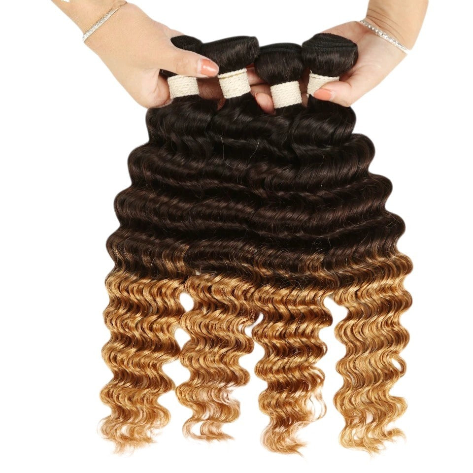 RitzWigs ombre three-tone Peruvian human hair bundles with a deep wave texture in 1B, 4, and 27 colour gradient.