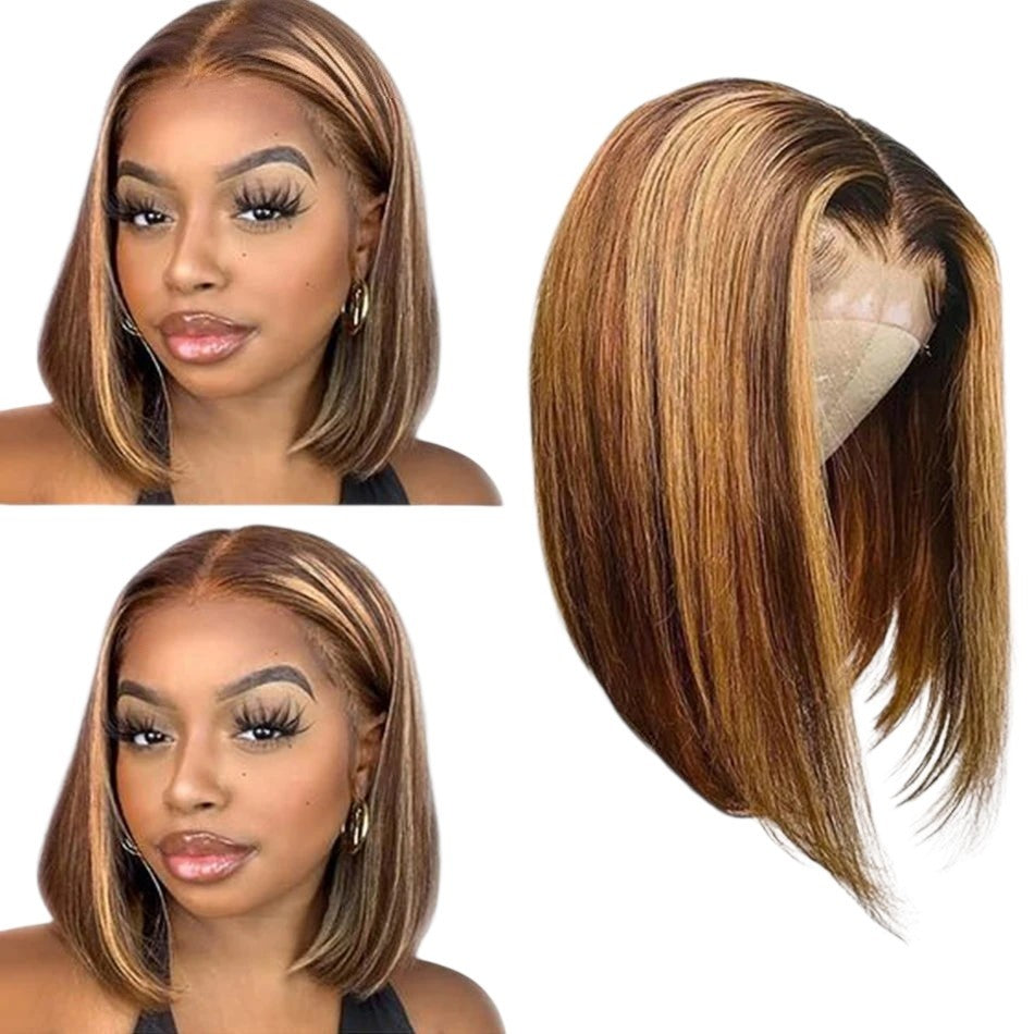 RitzWigs ombre honey blonde highlight bob wig with blunt cut and transparent lace part on a model