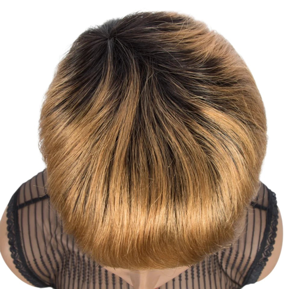 RitzWigs short straight ombre honey blonde human hair wig with dark roots on a mannequin head