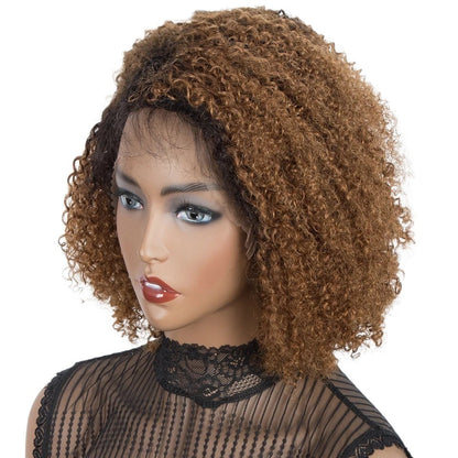 RitzWigs ombre T1B/30 kinky curly lace front bob wig on a mannequin, featuring a natural hairline and brown curls.