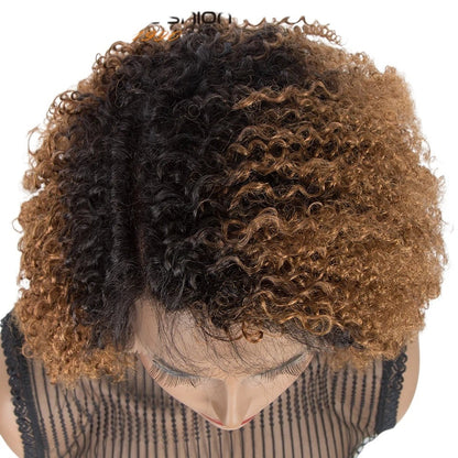 RitzWigs ombre T1B/30 kinky curly human hair bob wig with transparent lace front on a mannequin head