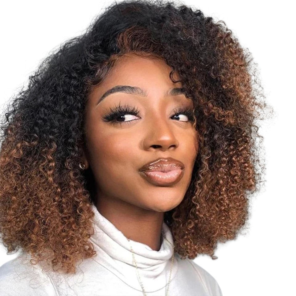 RitzWigs ombre T1B/30 kinky curly bob wig on a model with a natural transparent lace front hairline