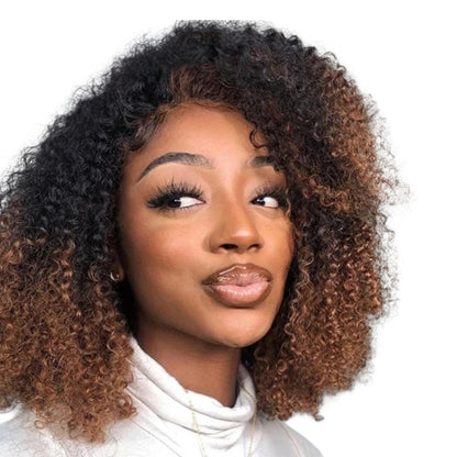 RitzWigs ombre T1B/30 kinky curly bob wig on a model with a natural hairline and transparent lace front.
