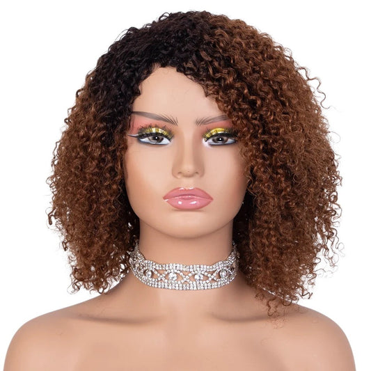 RitzWigs ombre kinky curly human hair bob wig with bangs on a mannequin wearing a rhinestone choker