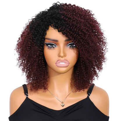RitzWigs short ombre black and auburn kinky curly Brazilian human hair wig on a mannequin