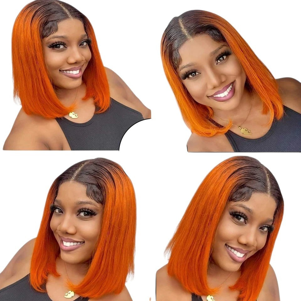 RitzWigs ombre orange straight bob lace front wig on a smiling woman with dark roots and transparent lace