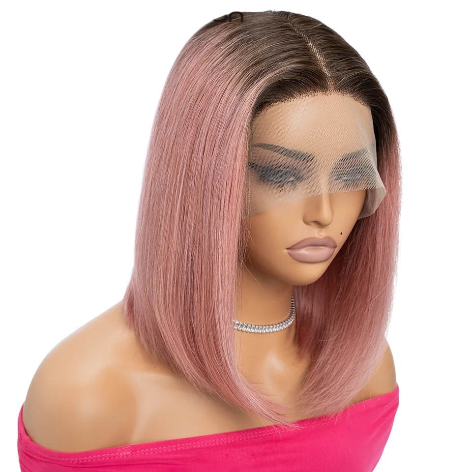 RitzWigs ombre pink and brown straight bob human hair lace front wig on a mannequin