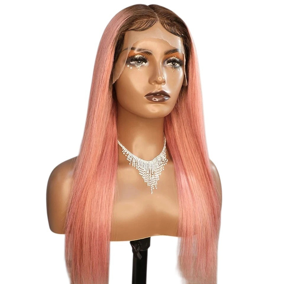 RitzWigs ombre pink straight human hair lace front wig with transparent lace on a mannequin head