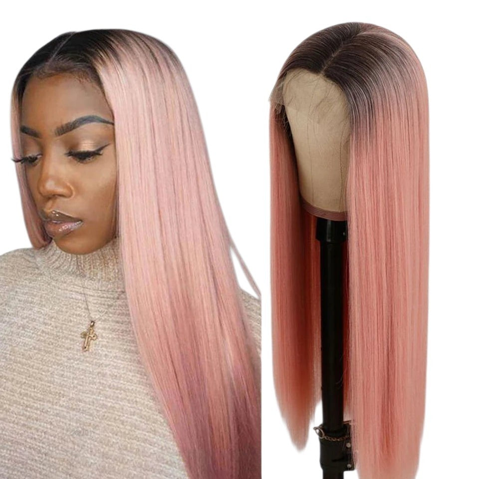 RitzWigs ombre pink straight human hair lace front wig with dark roots and transparent lace on a mannequin head