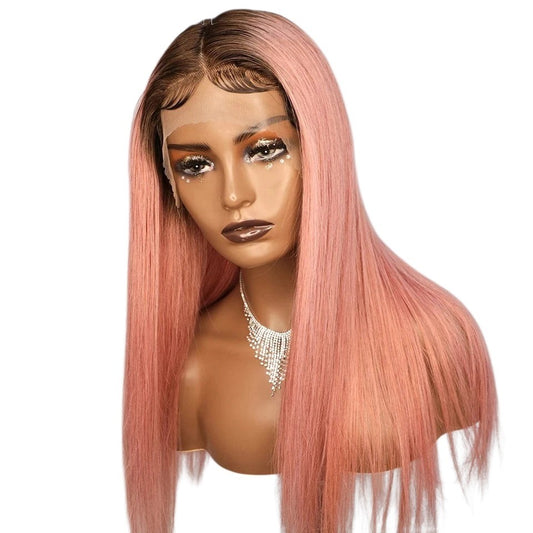 RitzWigs ombre pink straight human hair lace front wig with dark roots on a mannequin head