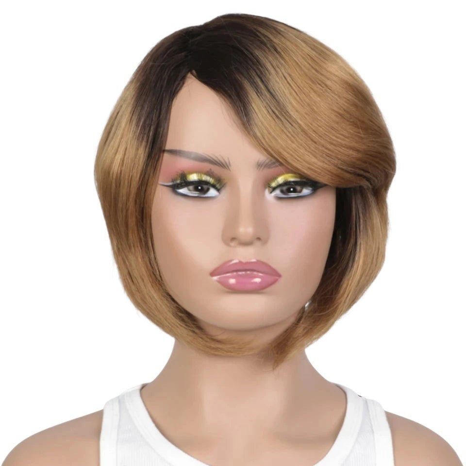 RitzWigs human hair pixie bob wig in ombre brown and blonde with side-swept bangs on a mannequin head