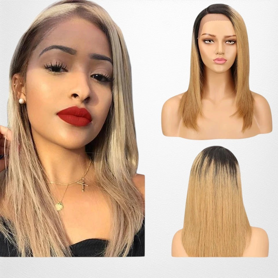 RitzWigs ombre straight bob lace wig with dark roots and blonde Brazilian human hair on a mannequin and model