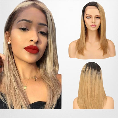 RitzWigs ombre straight bob lace wig with dark roots and blonde Brazilian human hair on a mannequin and model