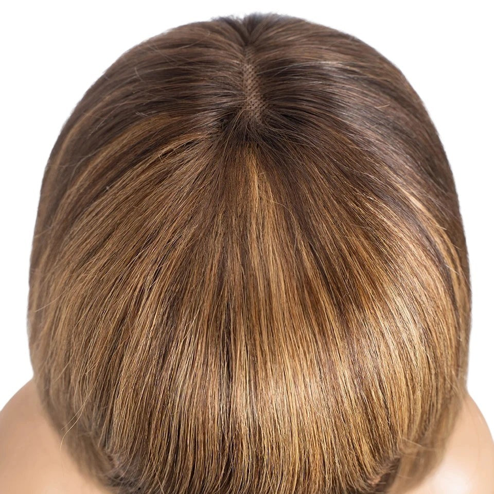 RitzWigs straight bob human hair wig with ombre brown and blonde highlights and a transparent lace part