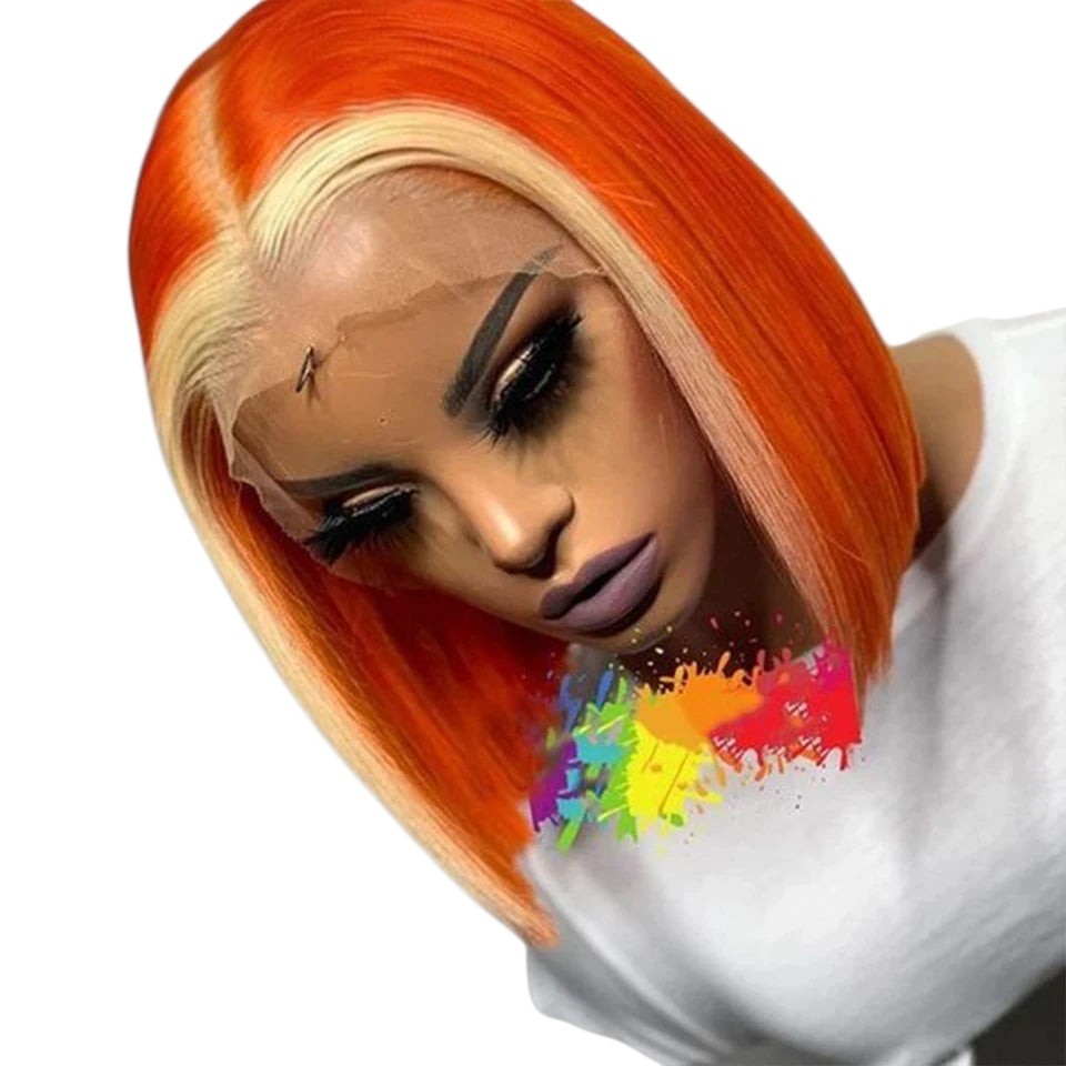 RitzWigs short straight bob human hair wig with vibrant orange colour and blonde money piece on a model