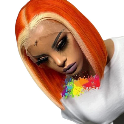RitzWigs short straight bob human hair wig with vibrant orange colour and blonde money piece on a model