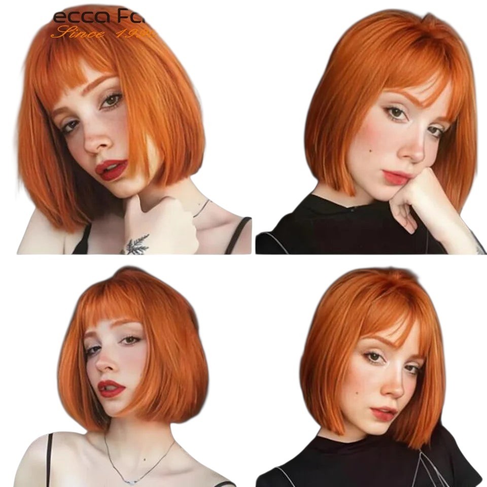 RitzWigs orange ginger straight human hair bob wig with bangs worn by a model