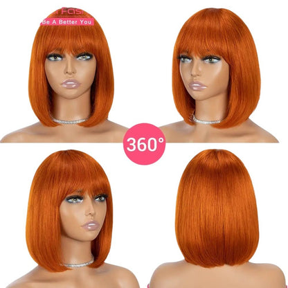 RitzWigs orange ginger short straight bob human hair wig with bangs shown from multiple angles on a mannequin head