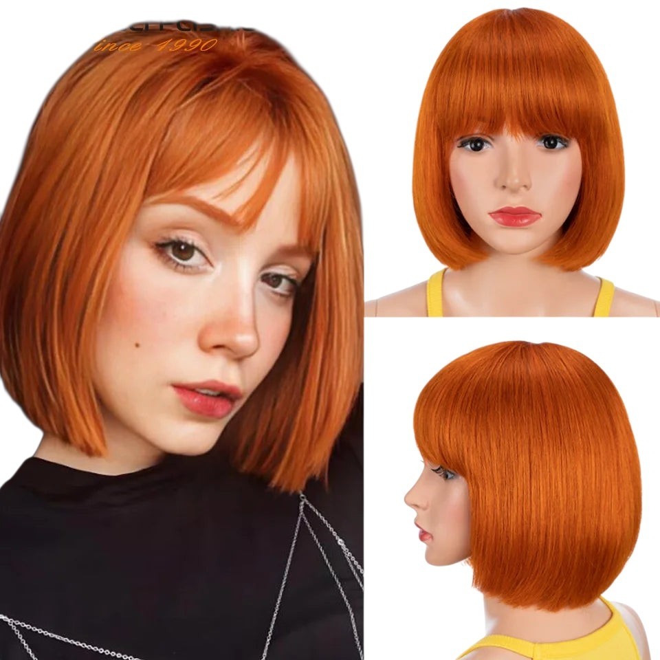 RitzWigs orange ginger straight human hair bob wig with bangs worn by a model and displayed on a mannequin head