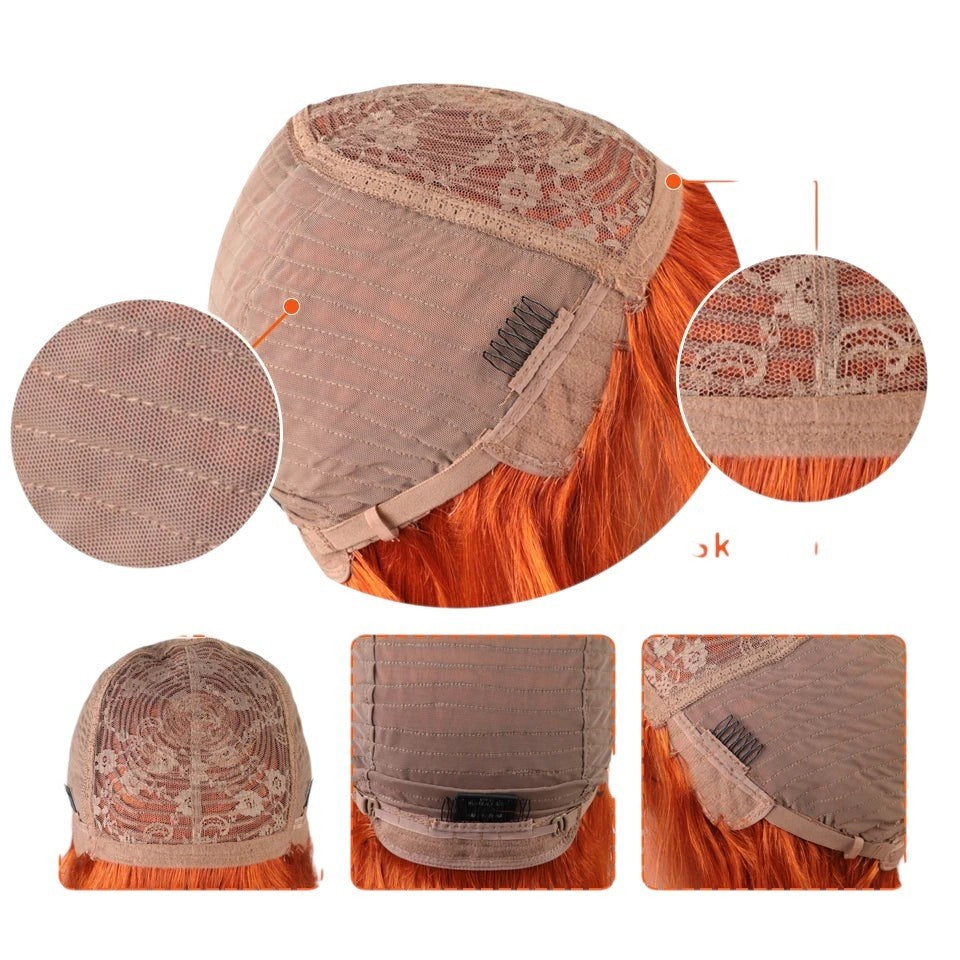 RitzWigs orange ginger human hair wig cap construction showing breathable elastic net and skin-friendly lining