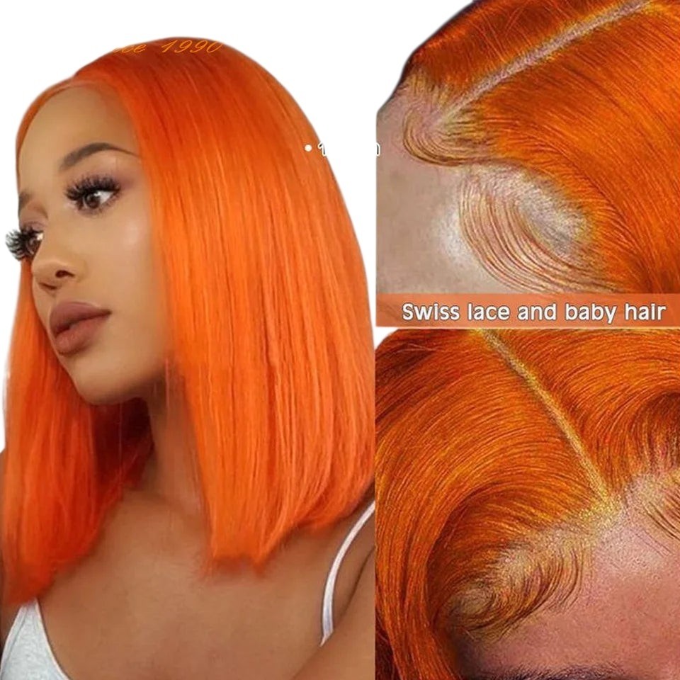 RitzWigs bright orange straight bob human hair lace front wig with baby hair and transparent Swiss lace