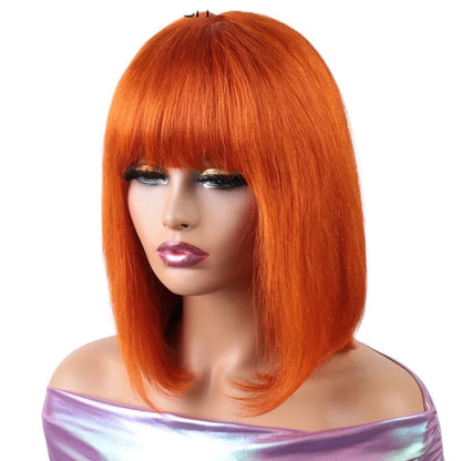 RitzWigs orange straight bob wig with bangs made from Brazilian human hair on a mannequin head