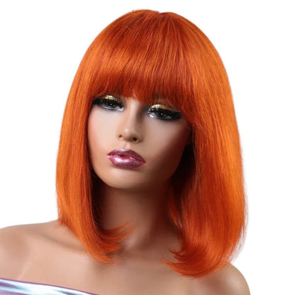 RitzWigs short straight orange bob wig with bangs made from Brazilian human hair on a mannequin head