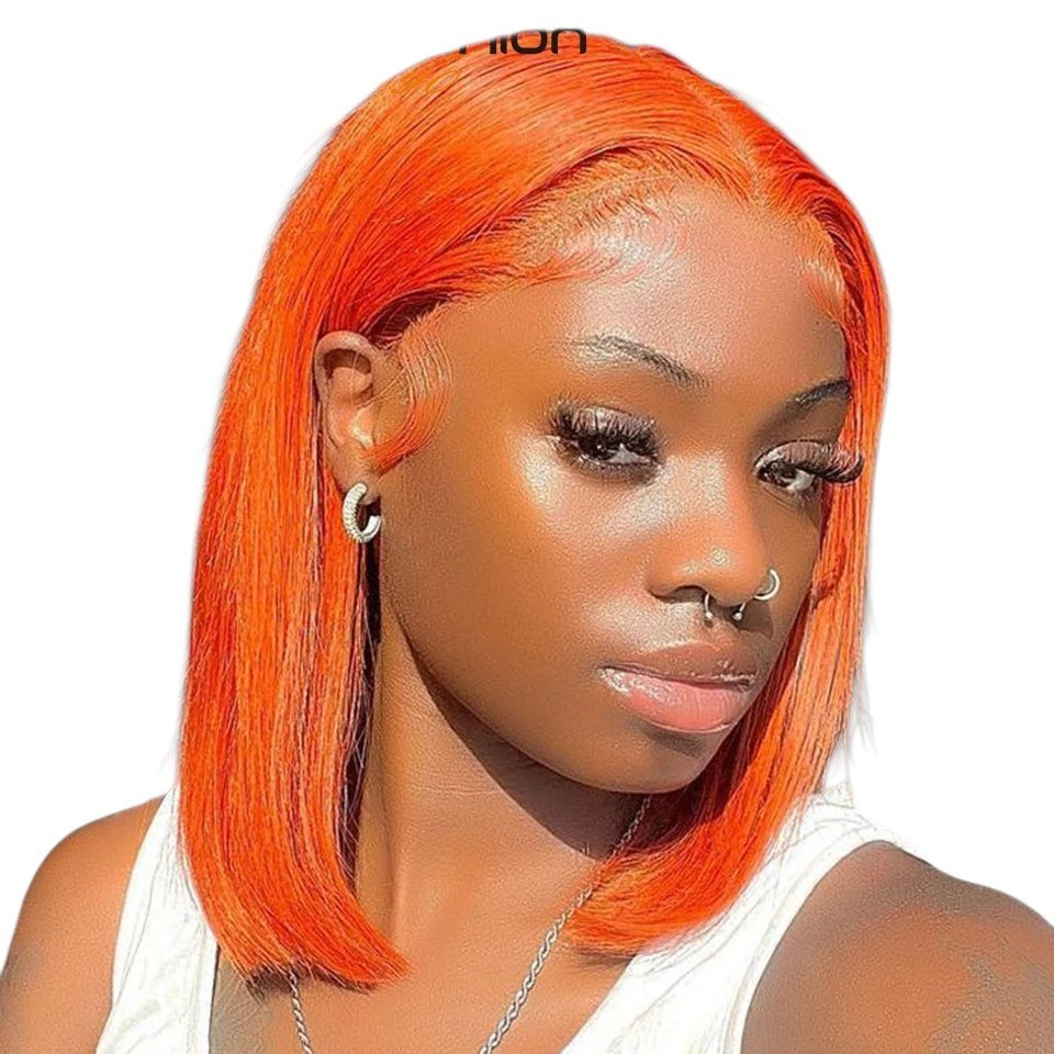 RitzWigs short straight bob wig in vibrant orange human hair with a transparent lace front on a model