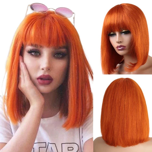 RitzWigs orange ginger straight human hair bob wig with bangs on a model and mannequin head
