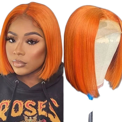 RitzWigs bright orange straight human hair bob wig with lace front, shown on a model and a mannequin head.