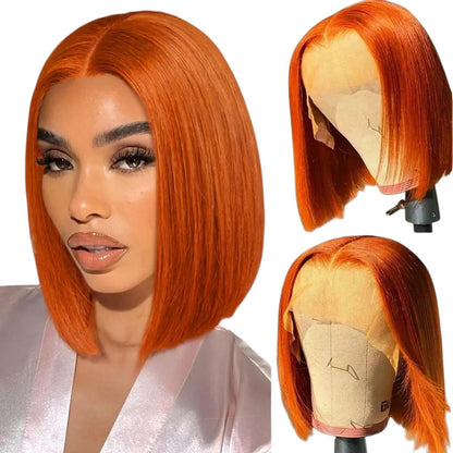 RitzWigs bright orange straight bob lace front wig on a model and mannequin head with transparent lace