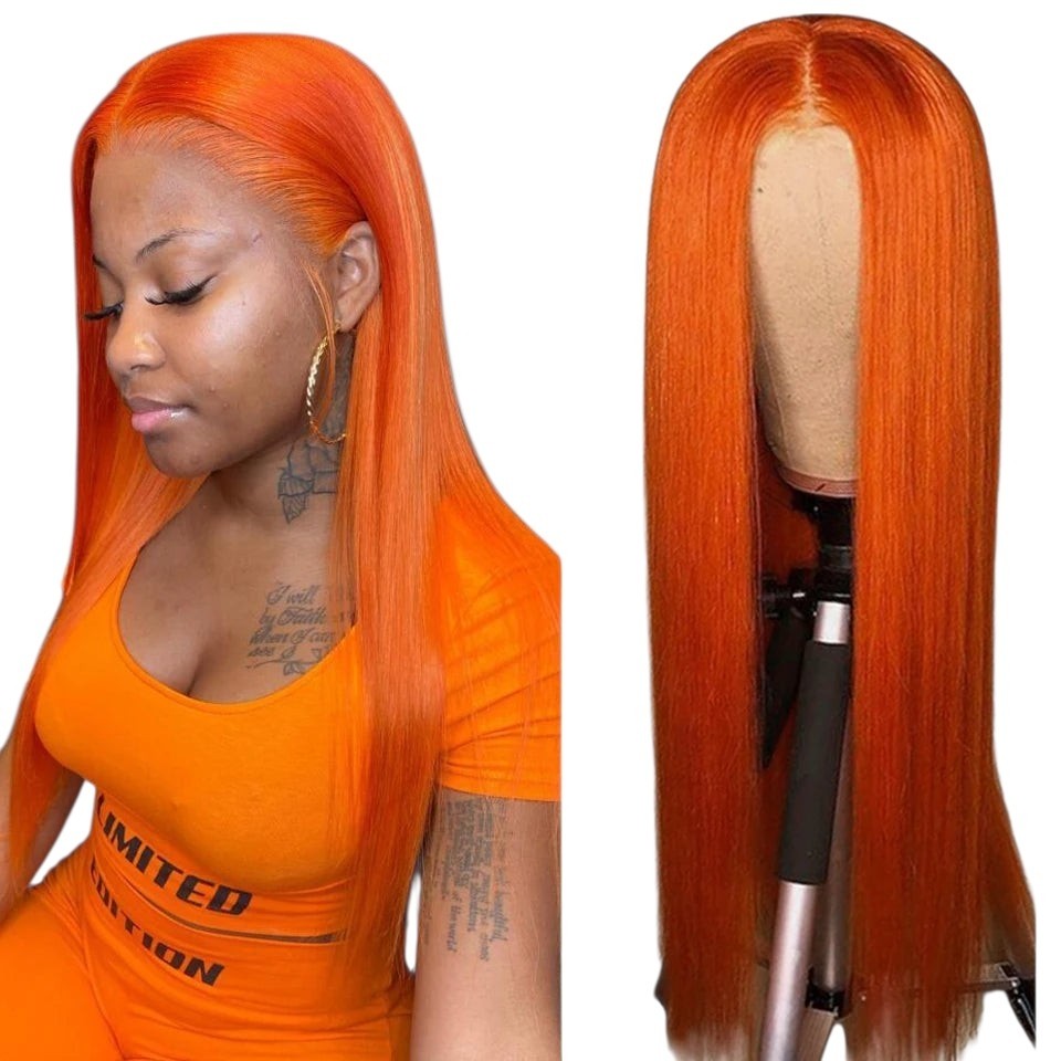RitzWigs straight bright orange human hair lace front wig with a middle part worn by a model and on a mannequin head