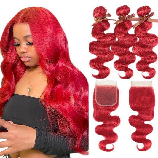 RitzWigs oxblood red Brazilian body wave human hair bundles with lace closure on a model with vibrant red hair