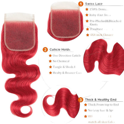 RitzWigs oxblood red Brazilian human hair body wave closure with Swiss lace and pre-plucked bleached knots