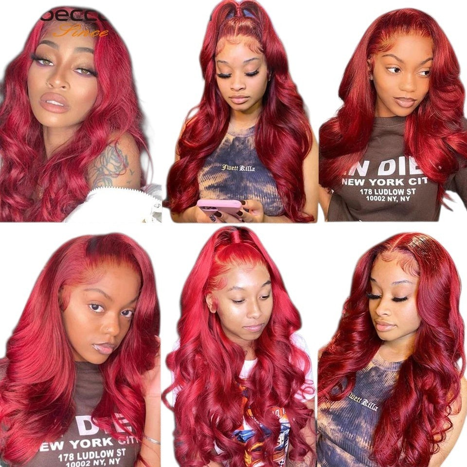 RitzWigs oxblood red Brazilian body wave human hair bundles with lace closure styled on a model