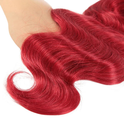 RitzWigs oxblood red Brazilian human hair bundles with a soft body wave texture and silky finish.