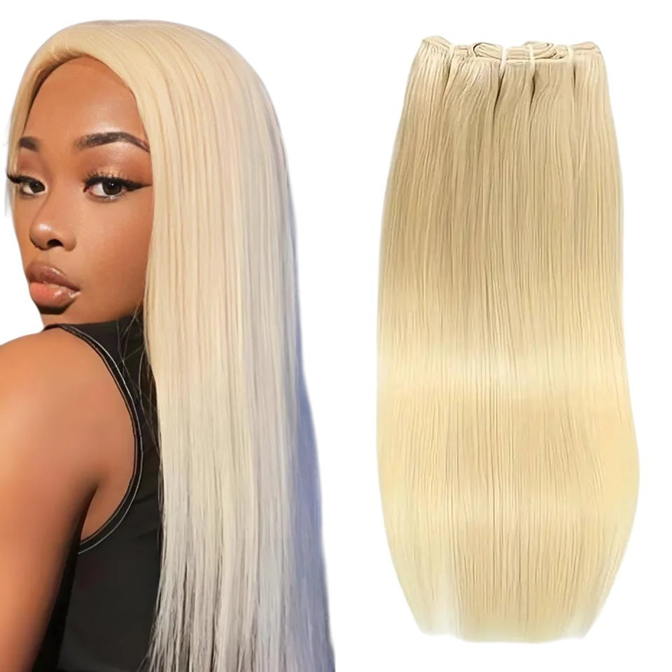 RitzWigs Peruvian honey blonde 613 straight Remy human hair weave bundle next to a model wearing the same hair