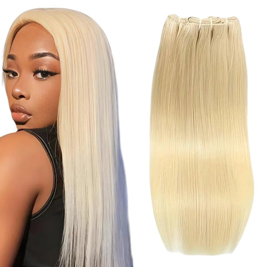 RitzWigs Peruvian honey blonde 613 straight Remy human hair weave bundle next to a model wearing the same hair