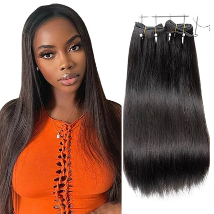 RitzWigs Peruvian straight human hair weave bundles in natural black with a model wearing the extensions