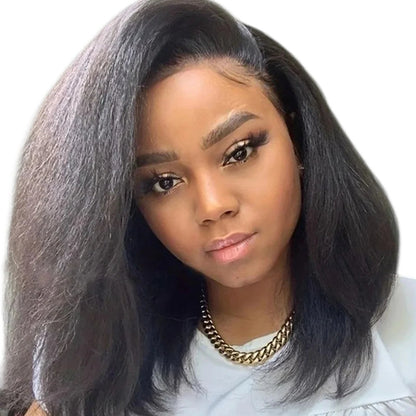 RitzWigs Peruvian yaki straight human hair lace front wig with pre-plucked hairline on a woman